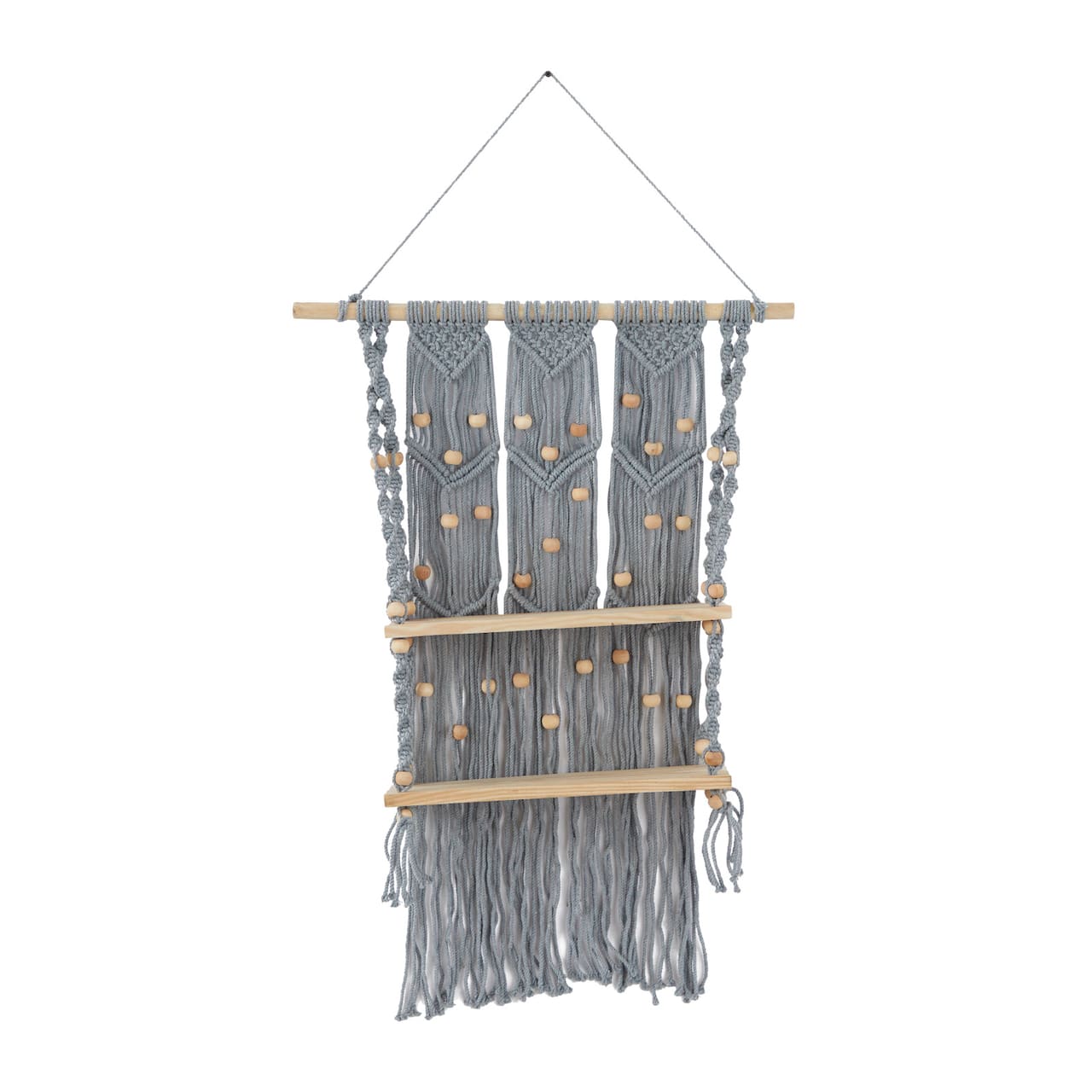 Gray Cotton Handmade 2 Shelves Macrame Wall Shelf 25" x 6" x 47"